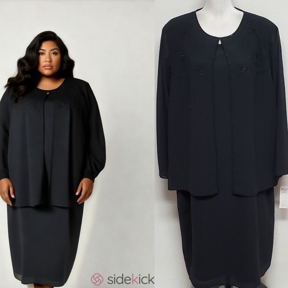 Montee Collection NWT Black Chiffon Floral Beaded Long Sleeve Top Maxi Dress Set